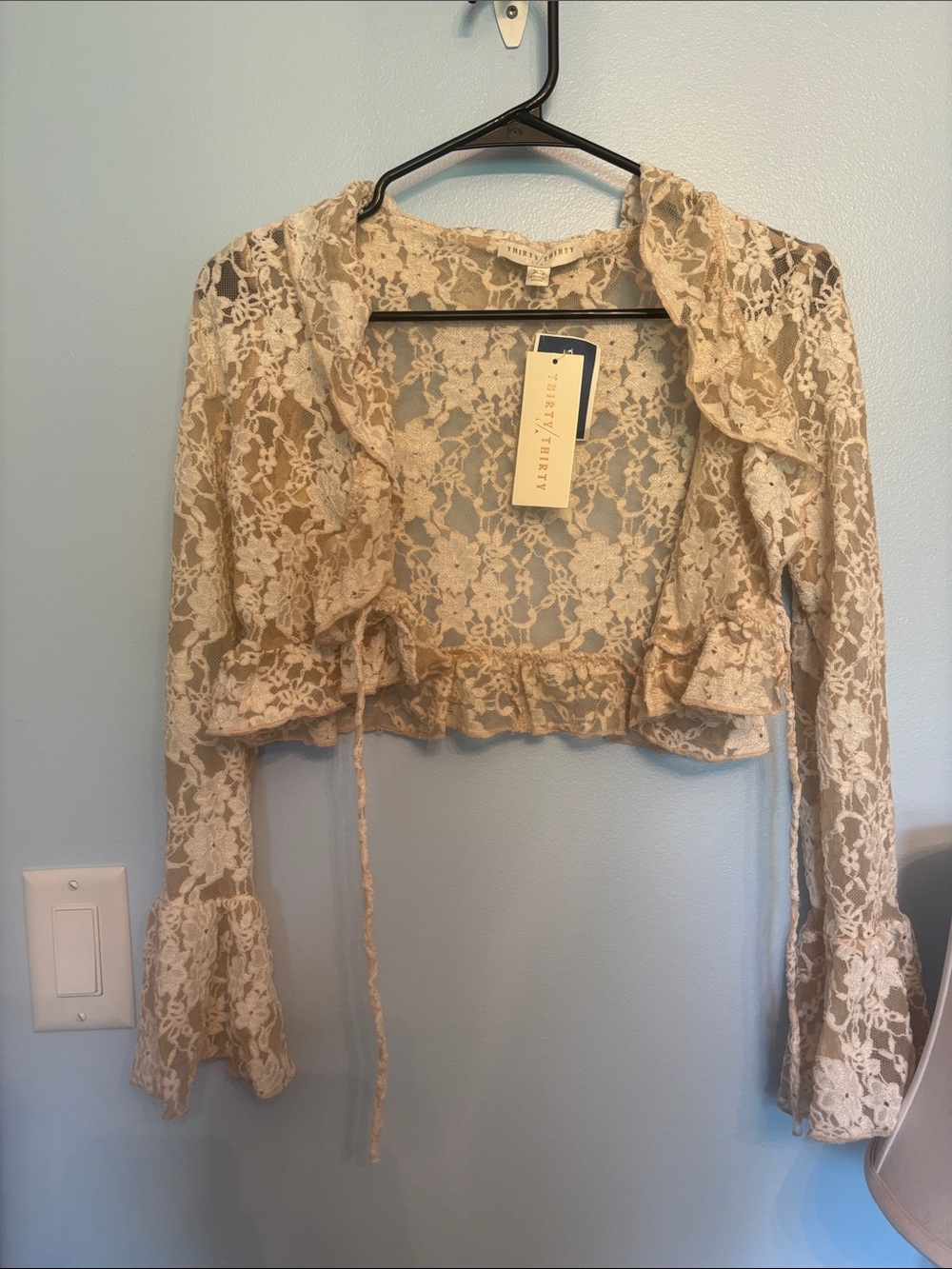 Ruffled Lace Tie-Front Crop Blouse - Cream